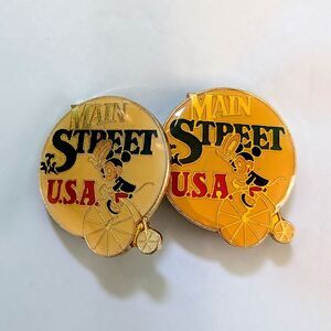 2 Vintage Disney Main Street USA Pins Mickey Mouse Disneyland 80s Lapel Trading